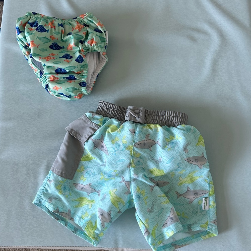 Green Sprouts Trunks- Aqua Sharks Sealife & Reusable swim diaper- Mint with fish
